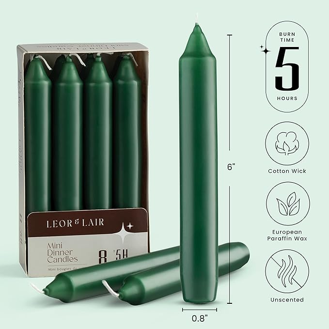 Leor & Lair Dark Green Candlesticks – Pack of 8 Mini Taper Candles with Cotton Wick – 5 Hour Burn 6 Inch Candles for Christmas, Holiday Tables & Natural Home Décor