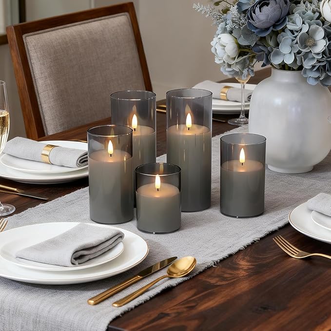 Rechargeable Flameless Candles, Realistic Flickering LED Flame,Real Wax Candle with Remote Control and Timer, Clear Glass Electronic Candles, 1 Set of 5（Gray）