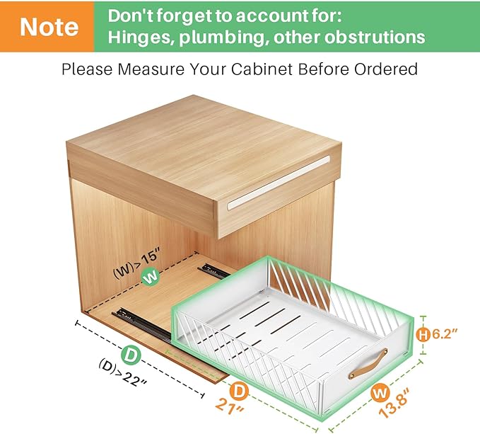 Pull out Cabinet Organizer,Heavy Duty Slide out Pantry Shelves Drawer Storage with Adhesive Nano Film,Sliding Mesh Cabinet Basket with Handle for Kitchen, Bathroom, Home, 13.8"W X 21"D X 6.2"H,White