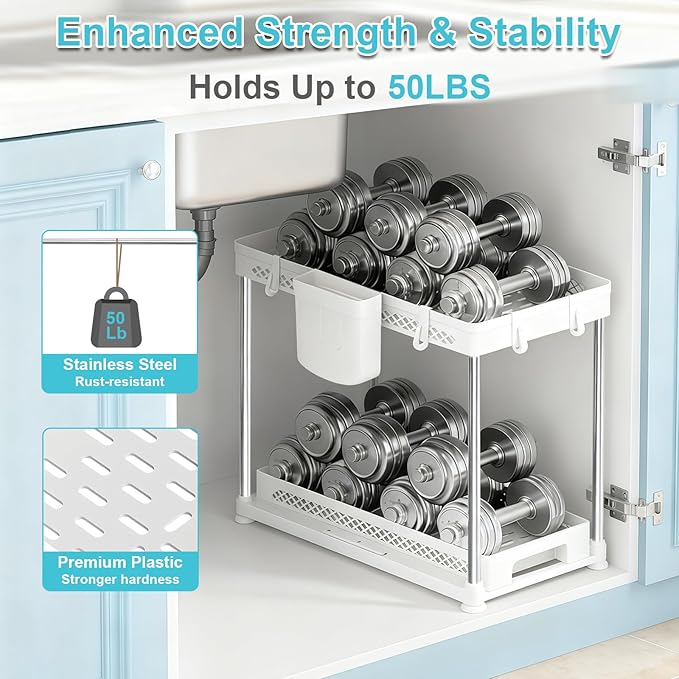 Under Kitchen Sink Organizer, 2-tier Under Sink Organizers and Storage for Kitchen & Bathroom, Multi-Purpose Pull Out Under Cabinet Organizer with Hooks Hanging Cup (White, 2 Pack)