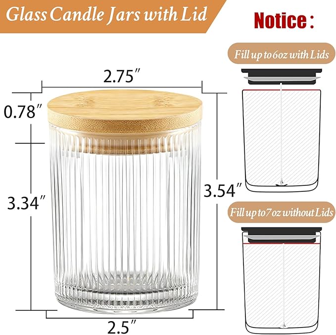 CONNOO 16 Pack 7 OZ Thick Ribbed Glass Candle Jars for Making Candles with Airtight Bamboo Lids, Wicks & Stickers, for DIY Candle Making, Bulk Orders, Gifts & Home Décor, Clear