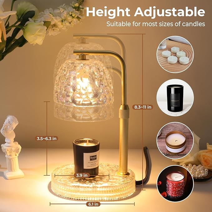 Textured Honeycomb Design Candle Warmer Lamp Adjustable Height, Flameless 4-Level Dimmable Wax Melt Warmer for Jar Candles with 2 Bulbs, House Warming Gifts, Safe Home Use(Pearl White)