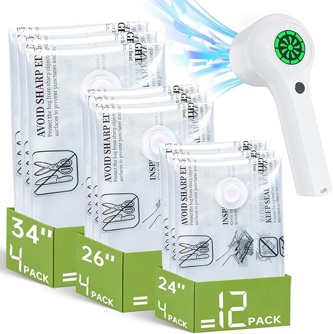 12 Pack Vacuum Seal Bags with Rechargeable Wireless Pump Set, 3 Combo Sizes for Travel Home Storage