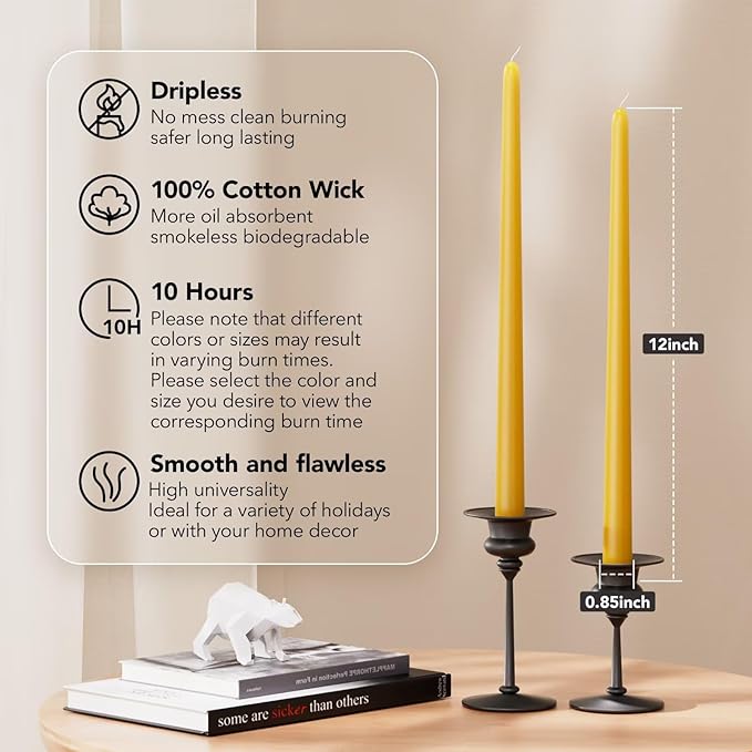 12-Inch Tall Dripless Taper Candles Set of 4 - Mustard Yellow Tapered Candles, Perfect for Spring - Smokeless, Unscented, Long Burning - Hand Poured, Colored Tall Candlesticks - Mustard