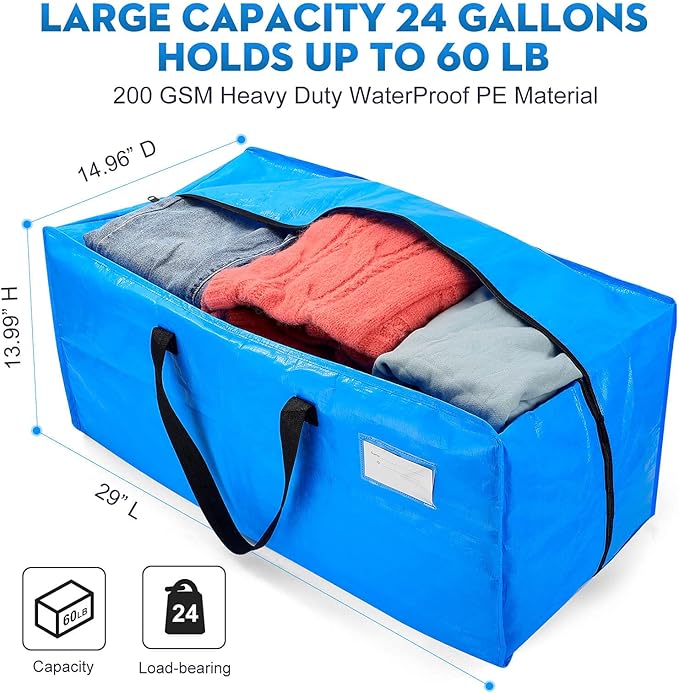 Moving Bags Heavy Duty,Extra Large Moving Bags for Travel/College Packing/Storage/Organization/Seasonal Clothes & Bedding Storage,Moving Supplies Bins,Compatible with Ikea Frakta Cart (Blue,3 Pack)