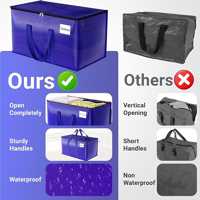 FabSpace Moving Storage Bags, Moving Supplies Packing Boxes for Moving, Camping, College Dorm Room Essentials for Girls, Blue Tote Bags, Heavy-Duty Storage Bins With Lids And Zippers, 125L 4 Pack