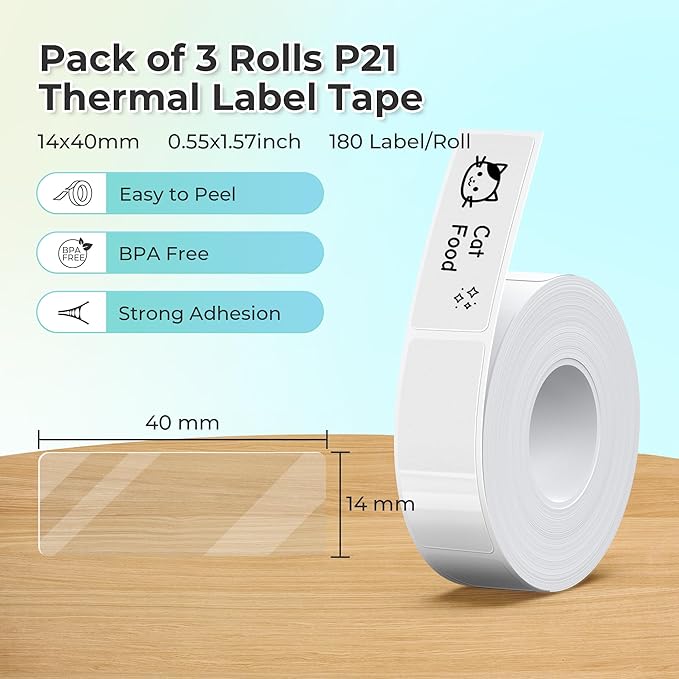 NELKO Genuine P21 Label Maker Tape, Adapted Label Print Paper, 14x40mm (0.55"x1.57"), Standard Laminated Office Labeling Tape Replacement, Multipurpose of P21, 180 Labels/Roll, 3-Roll, Transparent