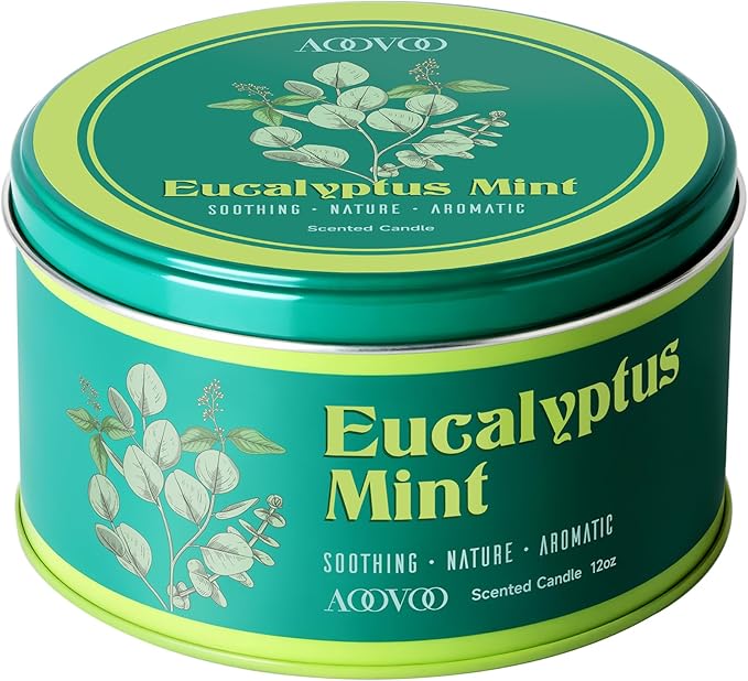 AOOVOO Eucalyptus Mint Candle for Relaxation - 3 Wick 12oz Large Scented Candle with Green Aventurine & Eucalyptus Leaves Inside, Soy Candles Non Toxic for Meditation, Stress Relief, Energy Cleansing