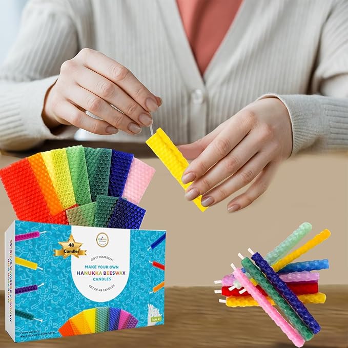 The Dreidel Company 96-Pack Make Your Own Hanukkah Beeswax Candles, Complete DIY Chanuka Candles Starter Kit DIY 96 Candles