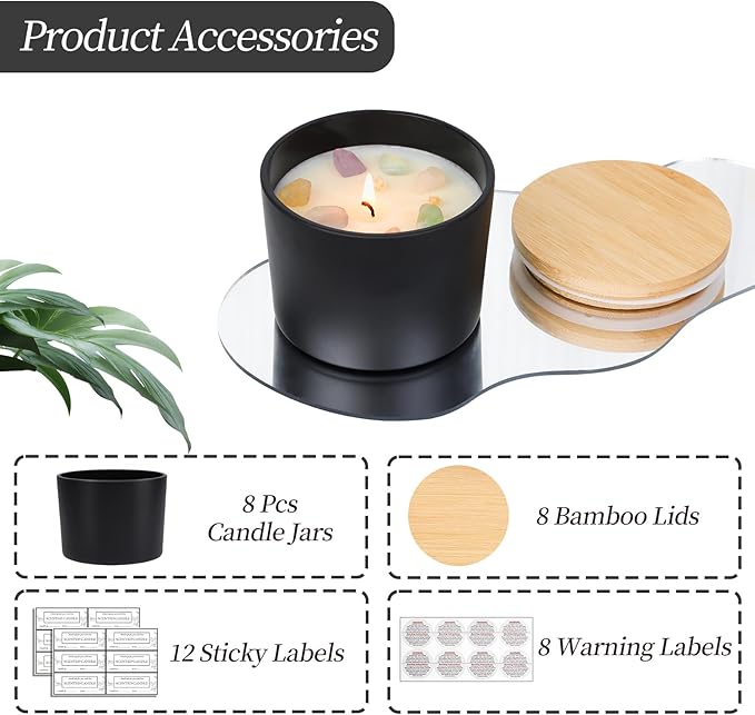 CONNOO 8 Pack 12 OZ Black Glass Wide Mouth Candle Jars for Making Candles with Airtight Bamboo Lids Nice Sticky Warning Labels for Candle Making Empty Container Bulk - Dishwasher Safe