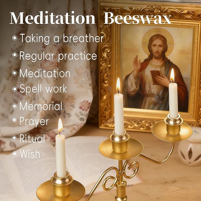 70Pcs Meditation Candles 30 Minute Beeswax Candles, Mini White Beeswax Taper Candles with Brass Candle Holders, Prayer Candle for Yoga Bible Mindfulness Relaxation Spa