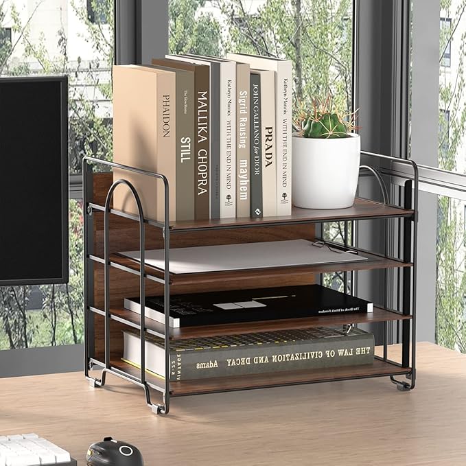LUCYCAZ 4 Tier Paper Organizer for Desk - Wood Desk Organizer, Metal Paper Tray Organizer, File Organizer for Office Home School, Black
