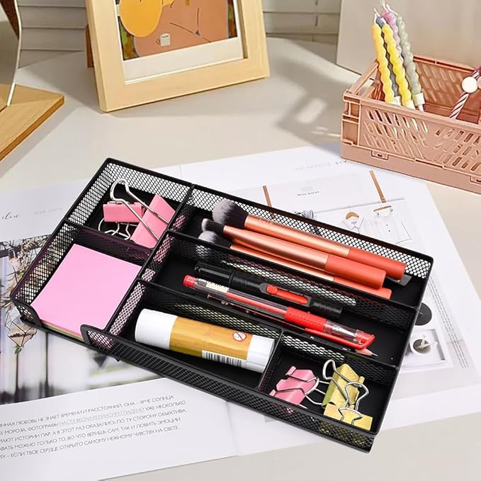 Desk Drawer Organizer, Office Metal Mesh Drawer Divider Organizer Tray with 6 Compartments, Pen Organizer for Desk Drawers Tray Desktop Accessories(COLOR:Black)
