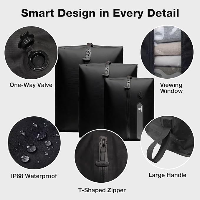 Travel Vacuum Storage Bags with Portable Pump, 3 Pcs IP68 Reusable Extra Large Compression Storage Bags, Space Saver for Clothes, Blanket, Comforter, Fits 20-28 Inch Suitcase, Holds Up to 50+ Items