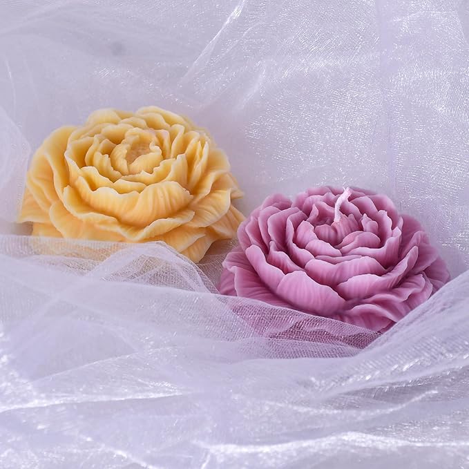 Peony Flower Candle Molds with Wick Pin and 50 Wicks,2PCS Silicone Candle Mold for Candle Making,3D Peony Flower Resin Candle Soap Silicone Molds