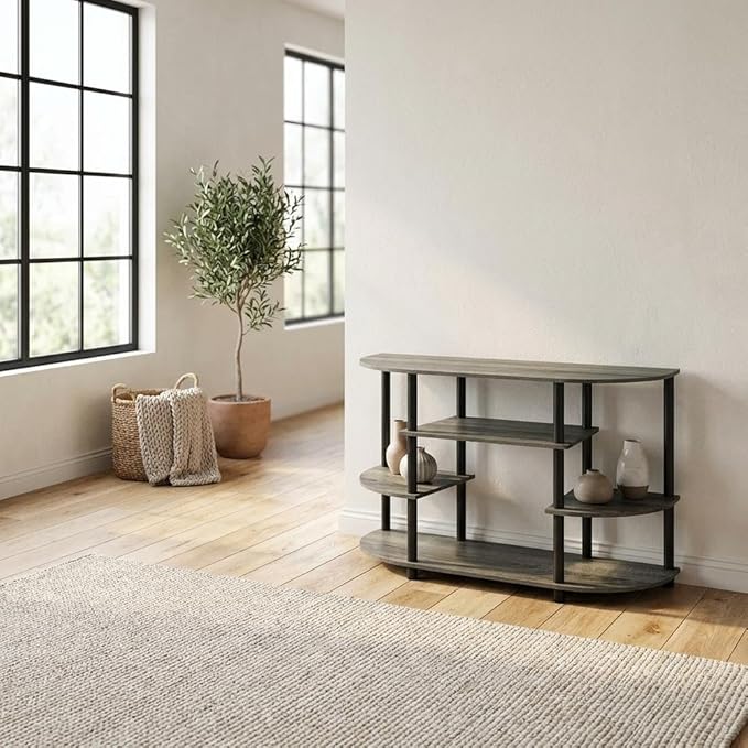 Furnifact French Oak Grey/Black Corner TV Stand with Simple Design, Durable Composite Wood and Plastic Tubes, Modern Storage Solution for Living Room