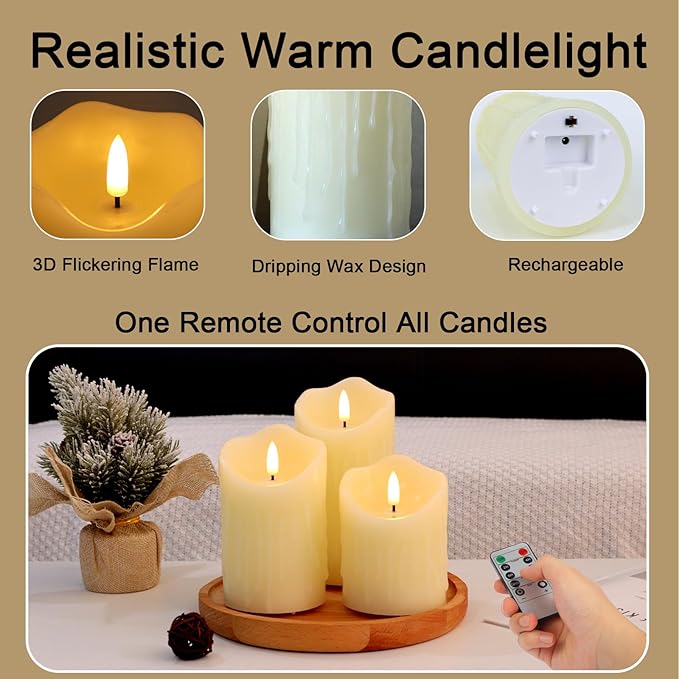 Rechargeable Flameless Candles, Flickering LED Candles with Remote and Timer, Long Lasting Ivory Real Wax Electric Pillar Candle for Christmas Home Wedding Decorations, Set of 3