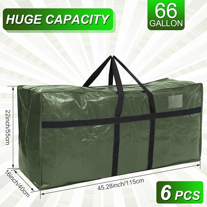 6 Pcs 66 Gallon Extra Large Moving Bags Heavy Duty Storage Bag with Strong Zipper Handle Foldable XXL Jumbo Storage Tote Packing Moving Box for College Dorm Travel Cloth Duffle (Army Green)