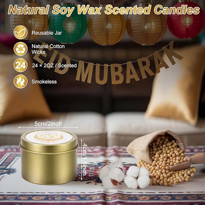 Nuanchu 24 Pack Eid Mubarak Scented Candles Gift 2 oz Golden Star and Moon Design Ramadan Aromatherapy Soy Wax Jars Lasting Bulk Favors for Home Islamic Holiday Party Decor
