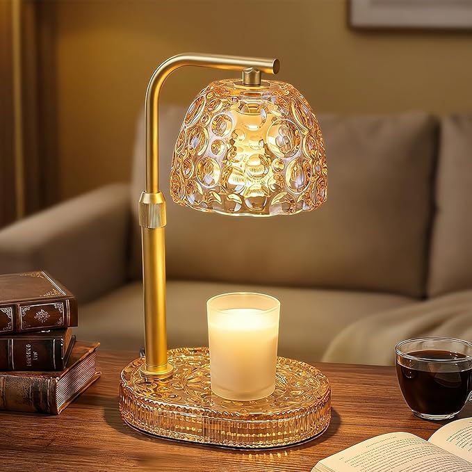 Candle Warmer Lamp with Timer Dimmer, Honeycomb Crystal Wax Melt Warmer for Jar Candles, Adjustable Height Wax Warmer Lamp with 2 Bulbs for Women Mom Gift New Home Bedroom Decor (Amber)