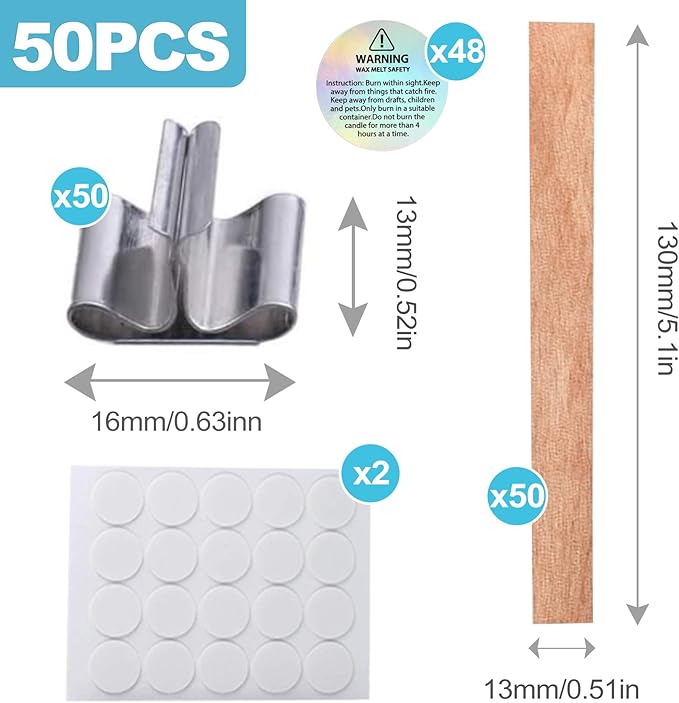 CoguZed 50-Piece Wooden Candle Wicks with Iron Stand and Glue Dots (Suitable for Paraffin and Soy Wax)