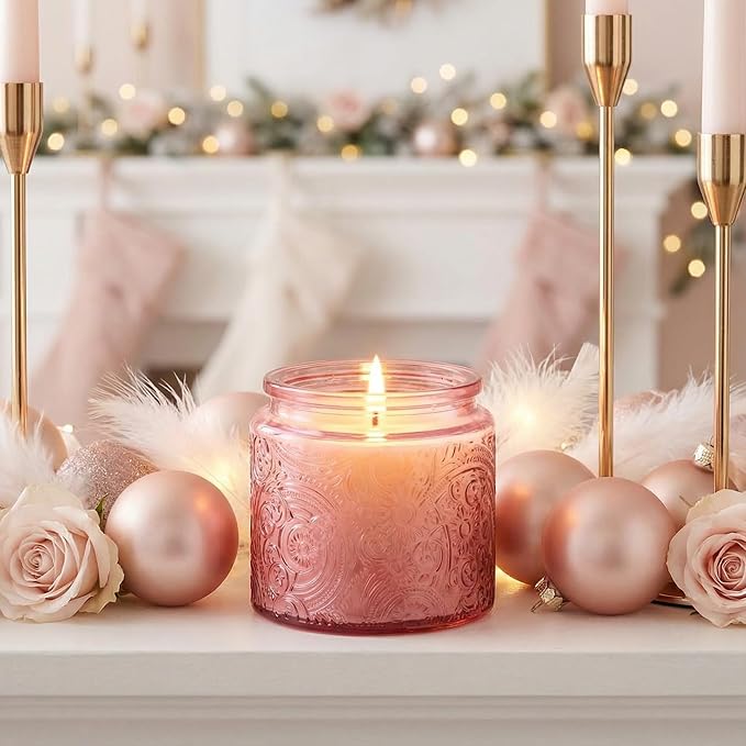 9-Pack 10 oz Sun Moon Star Embossed Glass Candle Jars with Mirror Lids and Labels - Unique Pink Candle Containers with Lids for Candle Making
