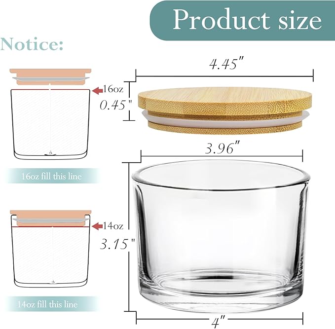CONNOO 6-Pack 16 oz Candle Jars - 3-Wick Clear Empty Glass Wide Mouth Candle Jars Come with Bamboo Lids, Sticky Warning Labels, and a Candle Wick Kit for Candle Making - Dishwasher Safe