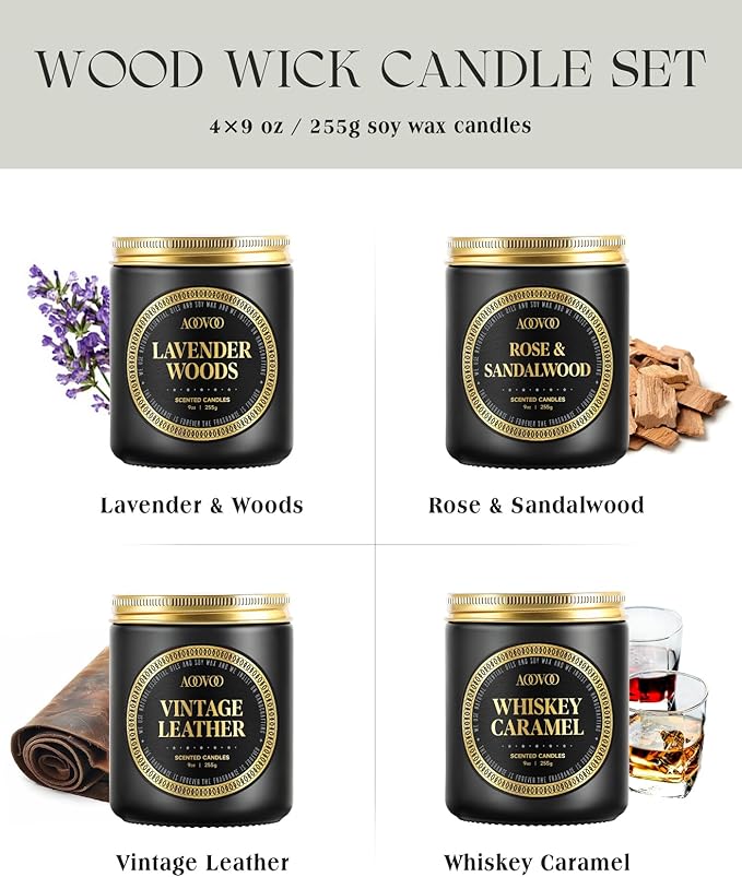 AOOVOO Scented Candles for Men - 4 Pack Candles for Home Scented, 36oz Soy Wax, 200 Hour Burn Time, Men Candle Set, Rose Sandalwood/Whiskey Caramel/Lavender/Leather Candle Set T