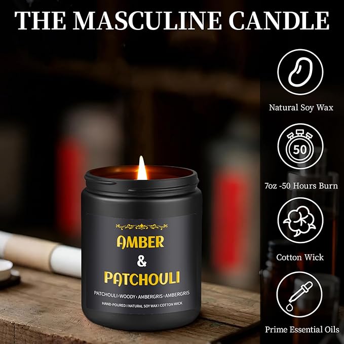 Amber Patchouli Candle, 7 oz Scented Candle for Men, Soy Candles for Home Scented, Masculine Jar Candle for Him, 50 Hours Burning Time Mens Candle Gift for Boyfriend, Father, Birthday Present Giving