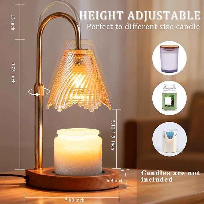 Candle Warmer Lamp with Timer Dimmable,Glass lampshade and Water-Drop-Shaped Wooden Base,Height Adjustable Candle Warmer with 2 Bulbs,Gifts for Women Mom,House Warming Gifts New Home Bedroom Decor
