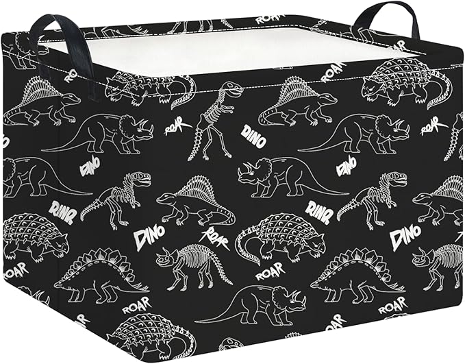 Rectangle Storage Basket with Handles,Collapsible Storage Bin,Books Box,Gift Basket(Black Line Dinosaur)