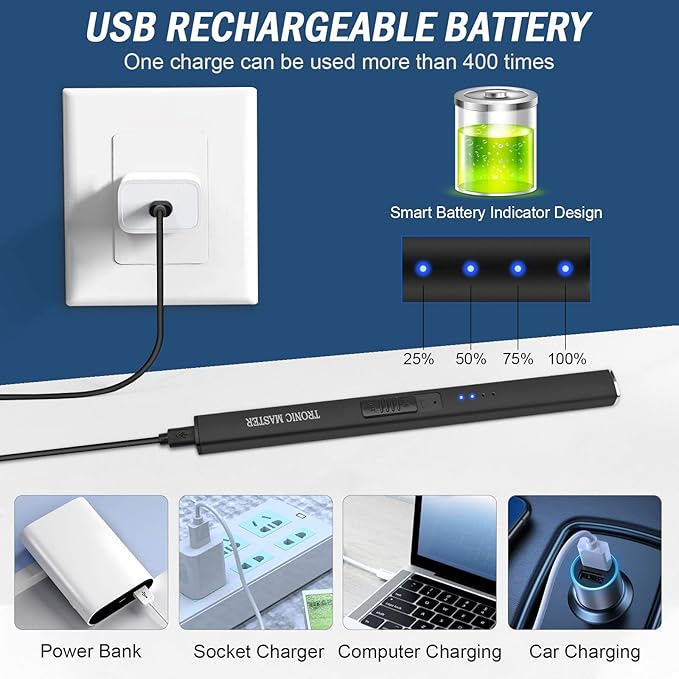 Electric Candle Lighter Plasma Arc Lighters with USB Rechargeable Battery Windproof & Flameless Retractable Head (Obsidian Black)
