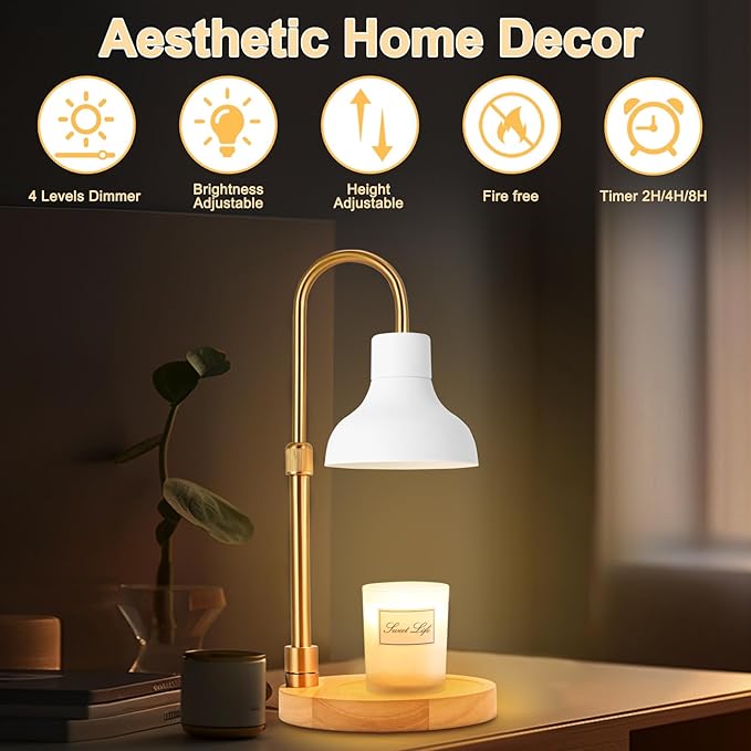 Candle Warmer Lamp with Timer & 3 Bulbs, Dimmable Electric CandleLight Adjustable Height and Brightness Candle Wax Warmer for Jar Candles Bedroom Home Decor House Warming Gift for Women (White)