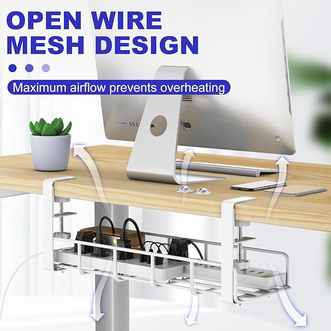 15.7” Under Desk Cable Management Tray, No Drill Heavy Duty Steel Standing Desk Cable Management, Wire Management Tray Cable Rack with Clamp Mount, Adjustable Metal Under Desk Tray (White, 1 Pack)