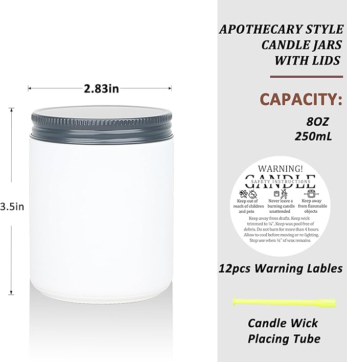 MILIVIXAY 12 Pack 8 OZ Thick Glass Frosted White Candle Jars with All Black Metal Lids-Bulk Empty Candle Jars for Making Candles-Canning Jar for Spice, Liquid, Sample- Dishwasher Safe.