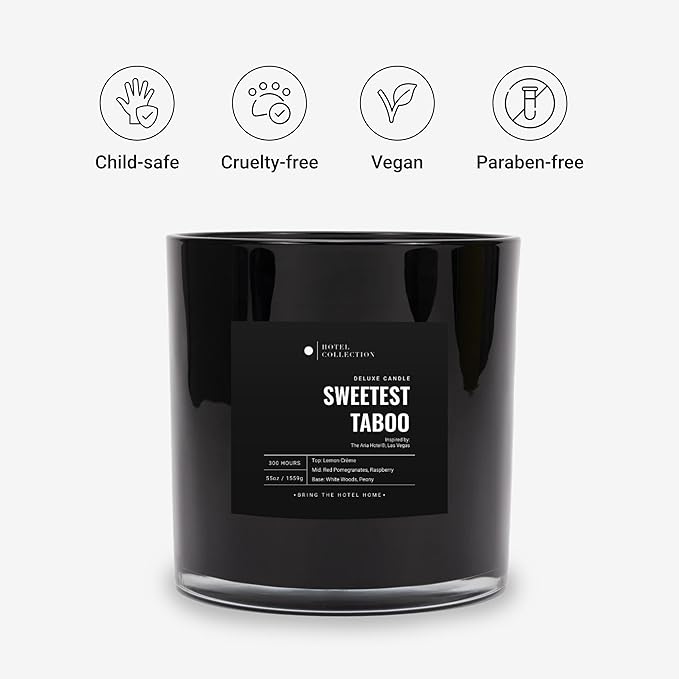 Sweetest Taboo Deluxe Scented Candle, Luxury Hotel Inspired Big Candle with Hints of Decadent Citrus, Juicy Berries, and Floral Peony, Long Lasting 300 Hour Burn Time, 55oz Black