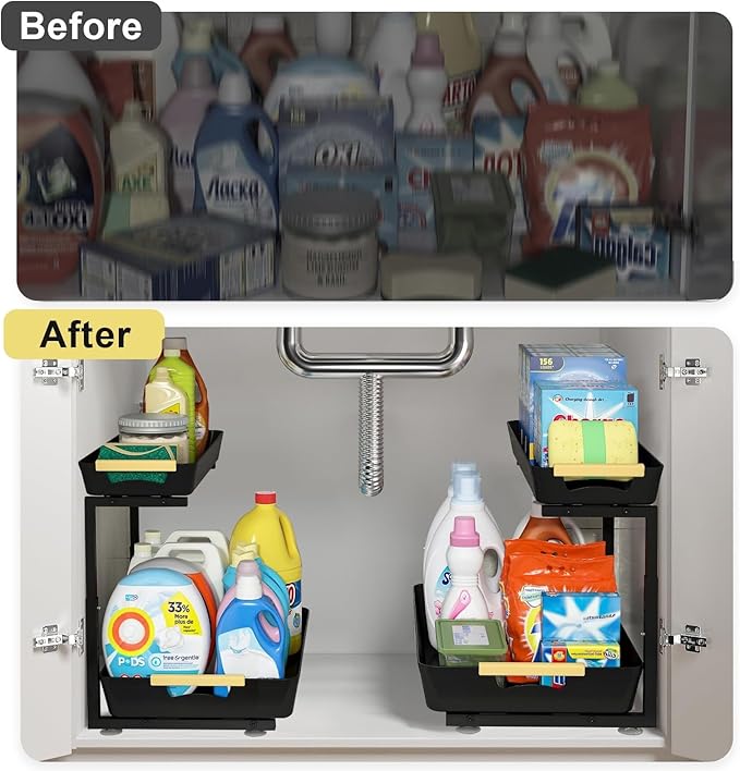 2 Pack Under Sink Organizer,2 Tier Pull Out Adjustable Height Under Cabinet Storage,Under Sink Storage for Kitchen Bathroom Cabinet