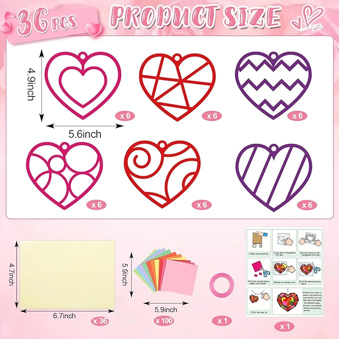 Qyeahkj 36 Set Valentine's Day Suncatchers Craft Kit DIY Heart Window Stained Glass Effect Paper Pink Love Window Tissue Paper Craft School Classroom Home Decor Valentines Art Supplies Kids Favor Gift