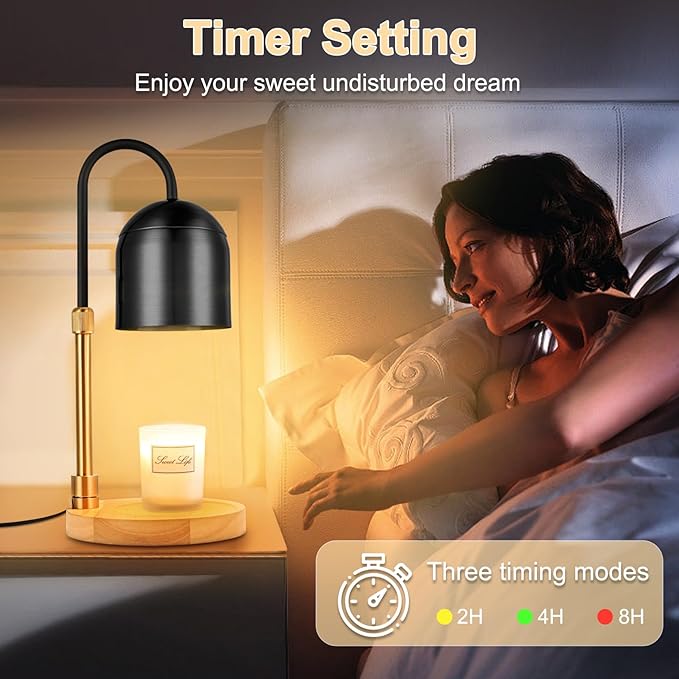 Candle Warmer Lamp with Timer & 3 Bulbs, Dimmable Electric CandleLight Adjustable Height and Brightness Candle Wax Warmer for Jar Candles Bedroom Home Decor House Warming Gift for Women (Round Black)