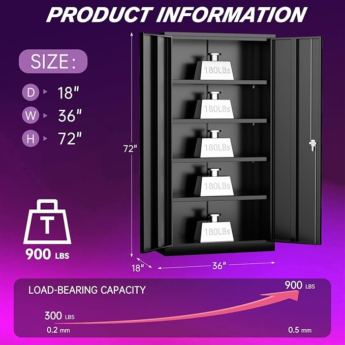 Superday Metal Storage Cabinets, 72" Storage Cabinet with Locking Door, Tall Garage Cabinet with 2 Doors and 4 Adjustable Shelves for Home Office, Classroom, Easy Assemble(Black)