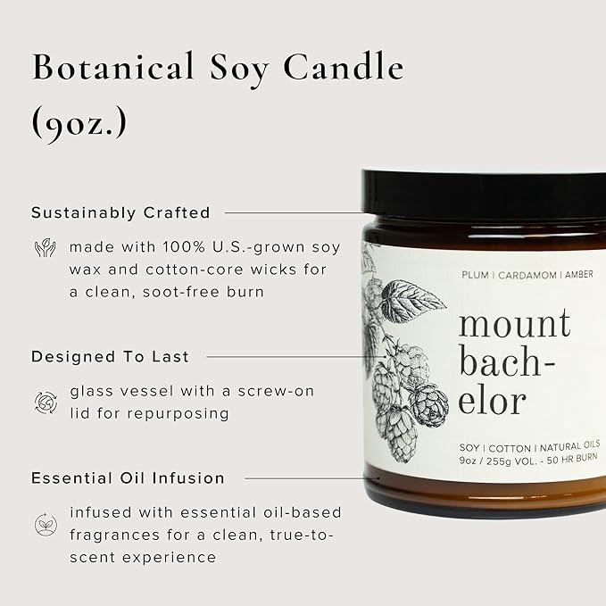 Broken Top Mount Bachelor Pure Soy Candle | 9 oz. | Plum, Cardamom & Amber 50-Hour Burn Time. Natural Cotton Wick, Vegan, No Parabens, No Phthalates