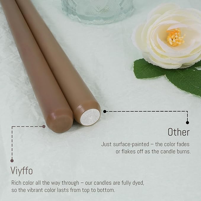 Viyffo Taper Candles, 12 Inch, 12 Pack, Brown – Unscented, Smokeless Design, Up to 8-Hour Burn – Tall Candlesticks for Table Decor, Weddings & Dinners