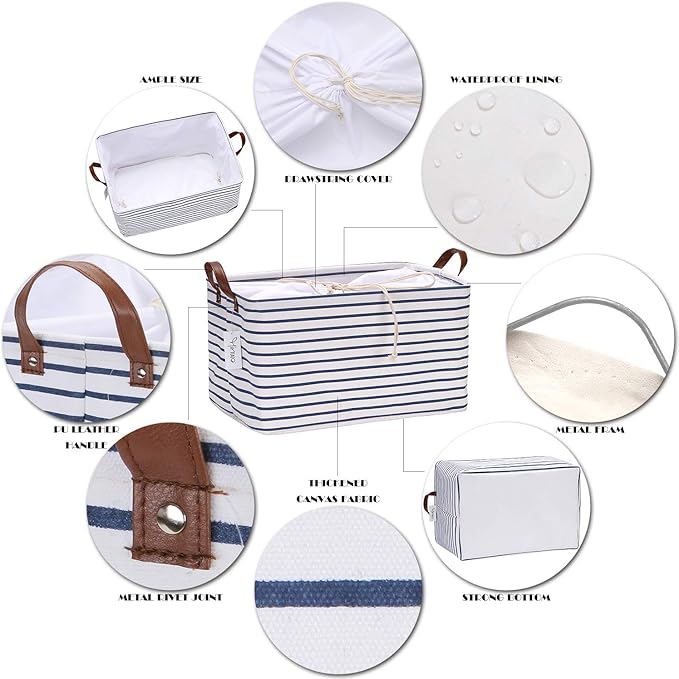 Hinwo 4-Pack Large Canvas Fabric Storage Baskets with Handles, 31L Rectangle Storage Bins, Collapsible Storage Box, Clothes, Toys, Blankets Organizers, 16.5 x 11.8 x 9.8 inches, (Navy Blue Stripe)