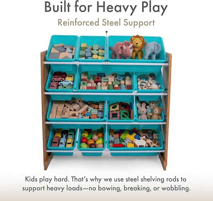 Humble Crew Kids Toy Storage Organizer with 12 Plastic Bins, Natural Wood/Aqua – Removable Bins for Playroom, Bedroom, Toddler Furniture for Boys and Girls Ages