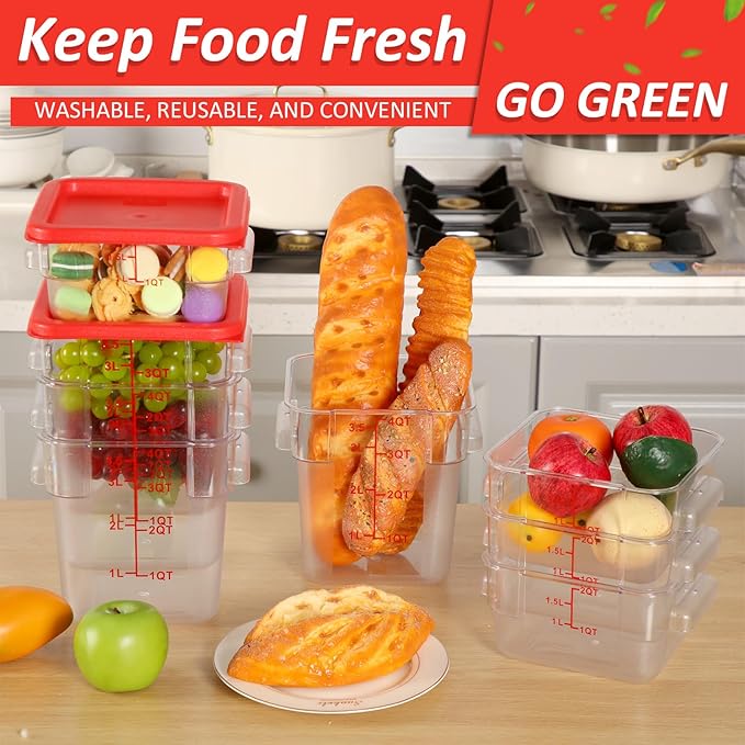Yungyan 16 Pcs Restaurant Food Storage Containers with Lids Set 2Qt and 4Qt Commercial Restaurant Square Storage Containers Clear Food Cereal Container for Kitchen Freezer (Red Lids)