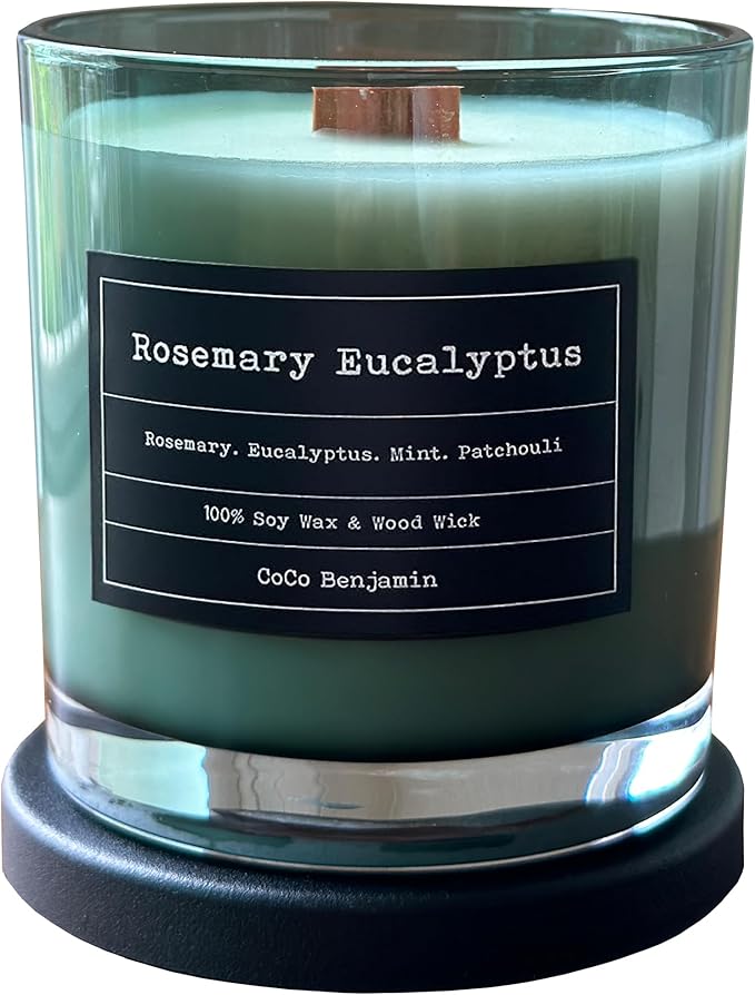 100% Soy, Highly Scented, Hand Poured Soy Candle (Rosemary Eucalyptus (Wooden Wick))