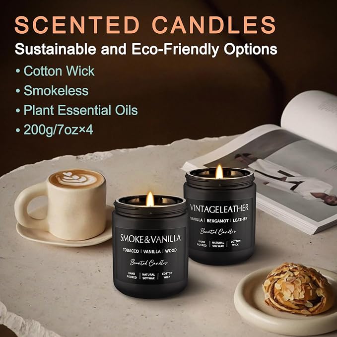 Scented Candles Gift Set - 4 Pack (7oz Each) Soy Wax Aromatherapy Candles with Essential Oils, Smokeless - Leather & Smoke, Vanilla Oakmoss, Lavender for Office, Gifts