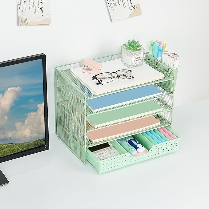 LEKETREE Desk Organizers and Accessories, 5-Tier Paper Letter Tray Organizer with Drawer & 2 Pen Holders, Desktop Organizer for Office Supplies (Green)