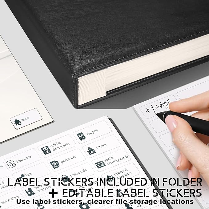 JOYCE Important Document Organizer, 14 Expandable Pockets, 13 Card Slots, Document Organizer for A4 Paper/Letterhead/Cards, with 2 Label Stickers, Suitable for Home, Office, School Use (Black)