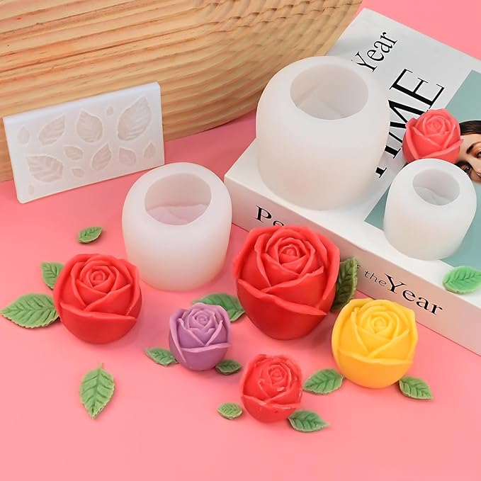 4 Pack Rose Candle Molds with Leaf Mold, Set of Large + Medium + Small 3D Rose Flower Silicone Molds for Candles Making Epoxy Resin Casting Handmade Soap Clay Plaster Home Décor Mom Gift